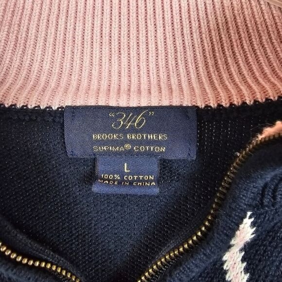 Brooks Brothers 346 Half Zip Sweater Sz L Navy Pink Argyle Diamond Academia - Picture 4 of 8